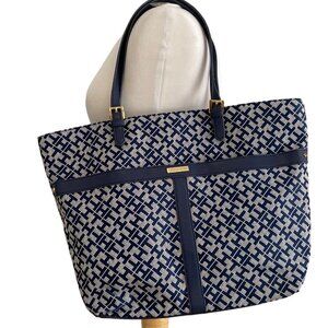 Tommy Hilfiger Navy &White Geometric Tote Bag/purse vegan Leather monogram large